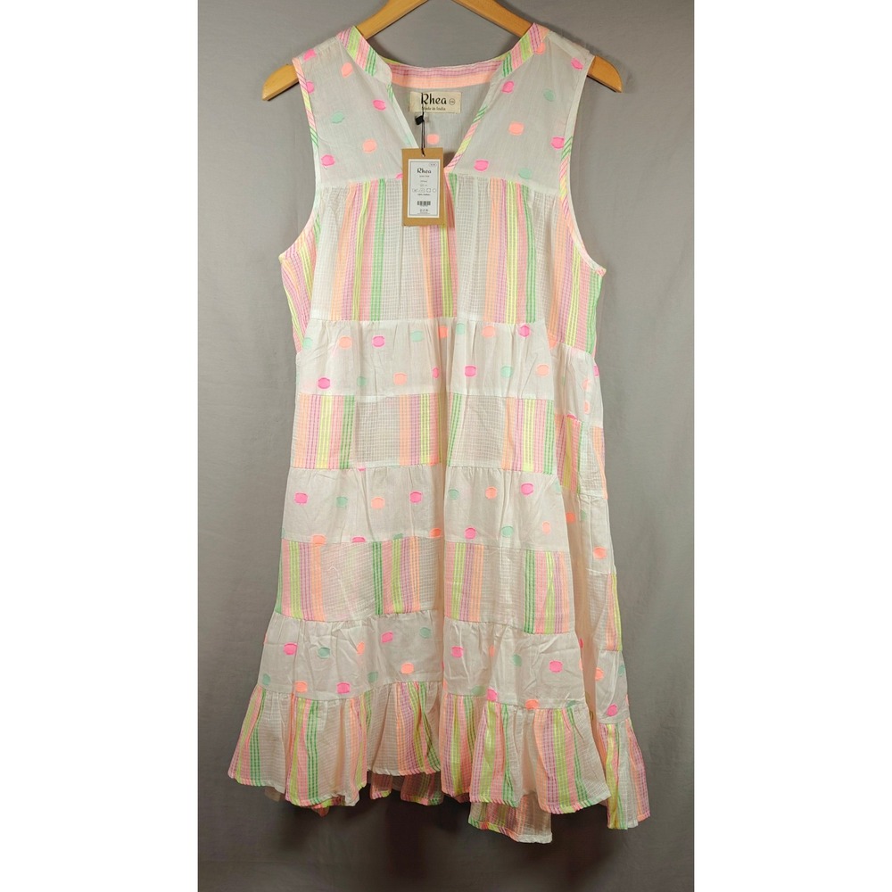 Rhea Lulu Dress White Neon‎ Stripe Polka Dot Tiered Cotton Boho Dress S/M NEW